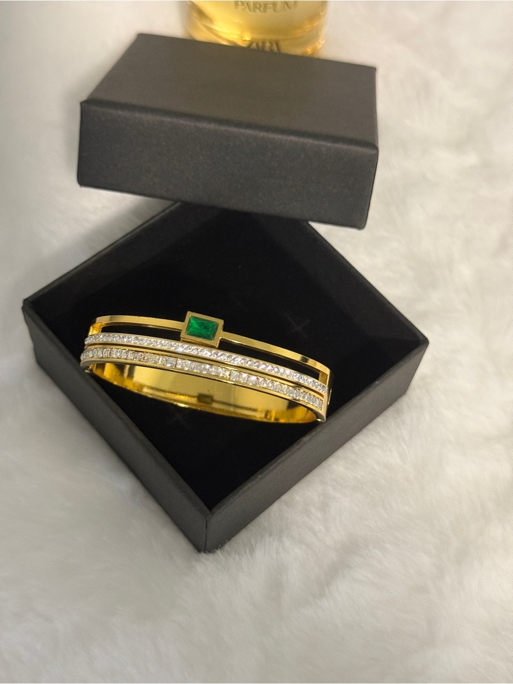 Gold Tone Bangle Bracelet with Green Stone and Crystal Accents
